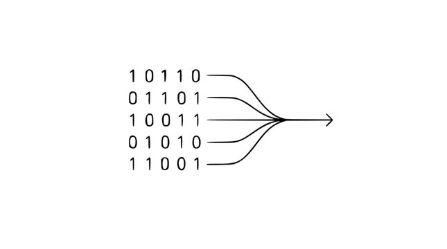 Hand traced binary data stream vector icon, flowing digital code lines in minimalist outline style for software, network security, programming, database, analytics and technology interface design
