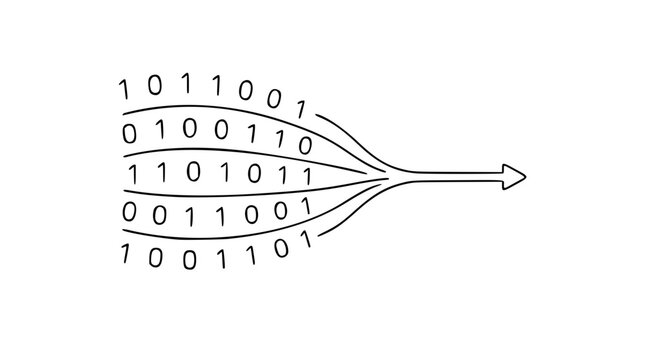 Hand-traced vector icon of a flowing binary data stream, sleek digital code ribbon with ones and zeros for cybersecurity, programming, network analytics, cloud computing, and tech interface design