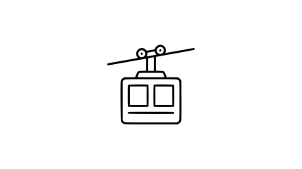 A precise black and white line art vector icon of a cable car gondola with cabin windows and support cable, designed for ski resort maps, tourism apps, or mountain transport signage. © BIZLE