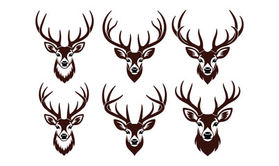 Deer Head Silhouettes: A collection of striking deer head illustrations. forest graphic, wild animal art, natural symbol, hunting emblem, stag portrait. © Jibit