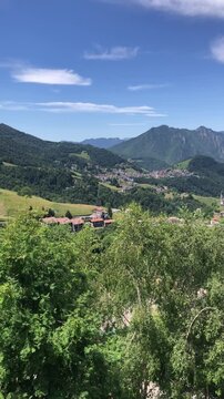 Beautiful View of Zambla Bassa and Oltre il Colle Mountain Villages from Zambla Alta, in the Italian Alps, During a Sunny Summer Day. Bergamo Province, Italy