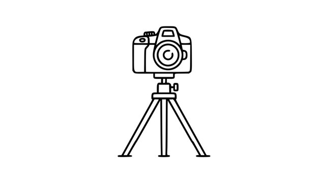 A clean black and white line art vector icon featuring a camera on a tripod, perfect for videography services, media agency branding, or creative portfolio headers.