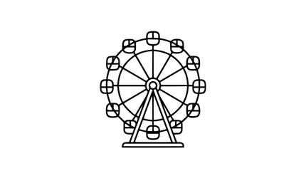 A clean black and white line art vector icon capturing a classic carnival ferris wheel with enclosed gondolas, excellent for amusement park maps, festival event posters, or fairground ticket designs. © Rahat