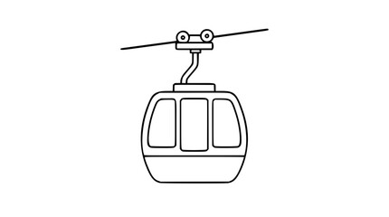 A vintage-style cable car gondola suspended on a cable line in precise black and white line art, suitable for travel posters, ski resort branding, or urban transportation maps. © Ema