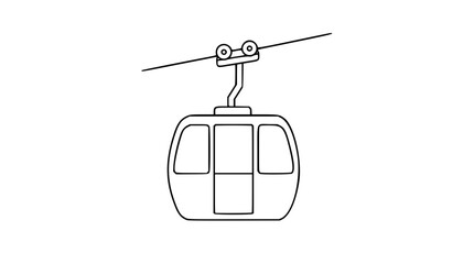A clean black and white line art vector icon depicting a cable car gondola in profile view, ideal for tourist brochures, hiking trail maps, or urban transit guides. © Ema