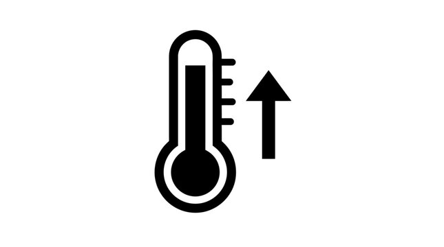 Black and white icon depicting a thermometer with a rising mercury level and an upward arrow, symbolizing increasing temperature or heat.