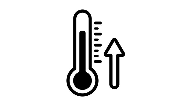 Black and white icon of a thermometer with an upward arrow indicating rising temperature or heat.