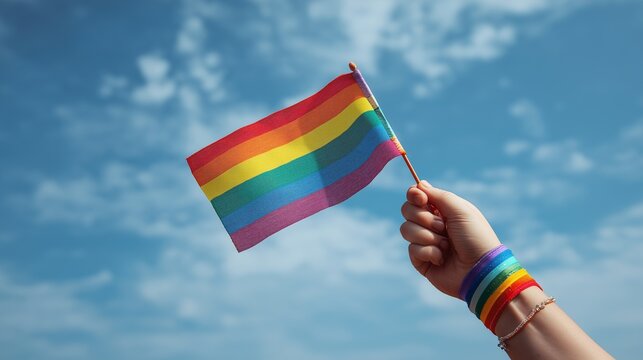 Close up of a hand waving an LGBT pride flag in front of a blue cloudy sky. Concept of activism, fighting for justice, and social movements.