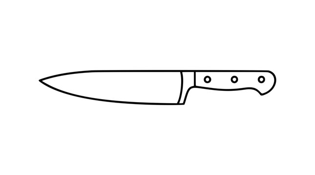 A clean black and white line art vector icon of a versatile chef knife with detailed bolster and riveted handle, fitting for culinary arts, gastronomy, or kitchenware promotions.