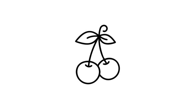A clean black and white line art vector icon of a ripe cherry with stem and leaf, wonderful for fruit-themed graphics, summer designs, or healthy eating campaigns.