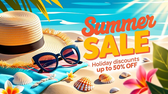 Podium Summer, pile of sand, coconut tree, beach umbrella, beach chair, beach ball, banner design, on cloud and sand beach background, EPS 10 vector illustration