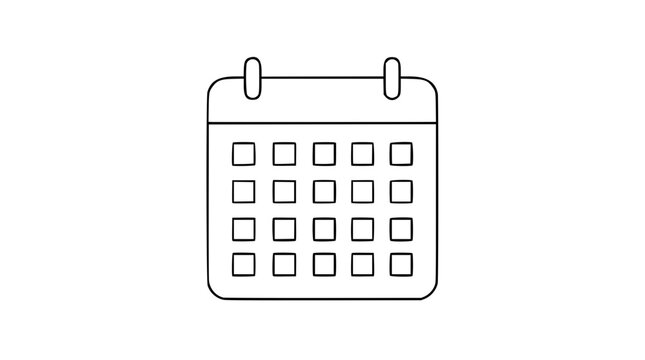 A clean black and white line art vector icon of a calendar with hand-drawn outline, perfect for scheduling apps, date pickers, and event planning interfaces.