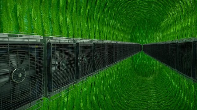 Server cooling fans in green digital matrix tunnel representing data processing.
