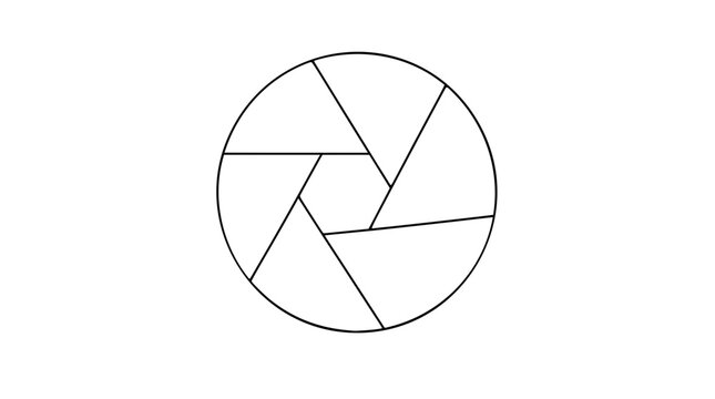 A clean black and white line art vector icon of a camera aperture diaphragm, ideal for photography apps, camera settings interfaces, or shutter speed controls in digital design projects.