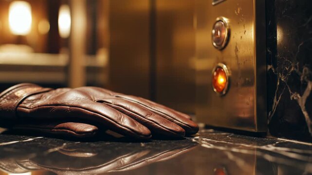 Brown leather gloves resting on dark veined marble surface beside metallic elevator control panel featuring glowing amber buttons within warm-lit luxury interior setting.