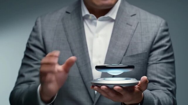 Businessman holding futuristic levitating circular device