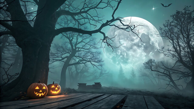 Cinematic Halloween background of a spooky dark forest with glowing pumpkins on a wooden path under a full moon