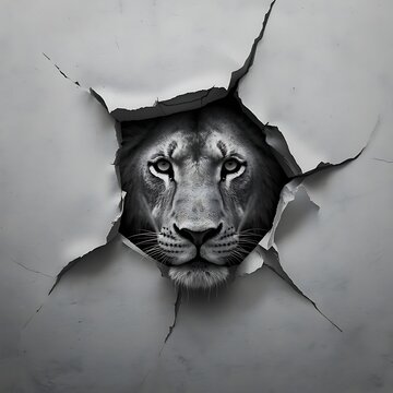 Lion breaking through cracked wall: dramatic wildlife portrait