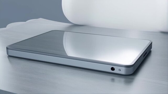 Tablet on Reflective Surface with Motion Blur and Light Reflection Featuring Minimal Workspace, Modern Design, Sleek with Futuristic and Technology