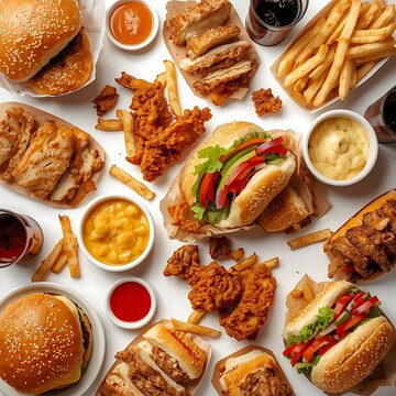 Fast food feast burgers fried chicken and french fries overhead