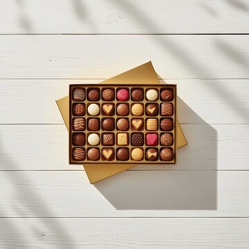 Assorted chocolate truffles in a gold box on white wooden background