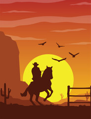 Naklejka premium Cowboy Riding Horse in Desert Silhouette at Sunset Western Landscape Illustration