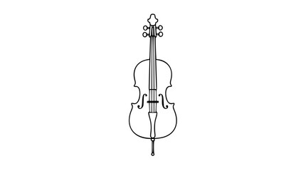Refined black and white line art vector icon of a cello with bow, suitable for classical music promotions, orchestra websites, or instrument education materials. © Mohsin