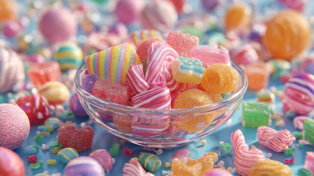 Glass Bowl Of Pastel Candies And Striped Sweets In Bright Cheerful Scene