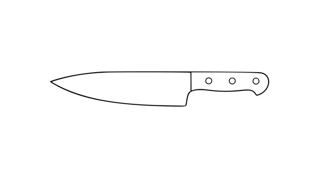 A clean black and white line art vector icon of a sharp chef knife, ideal for culinary websites, cooking apps, or restaurant menu graphics.