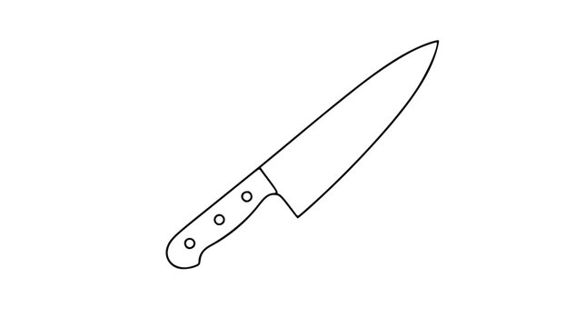 A clean black and white line art vector icon of a sharp chef knife, ideal for culinary websites, cooking apps, or restaurant menu graphics.