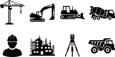 Heavy Construction Machinery Building Development and Engineering Site Equipment Silhouette Vector Icon Set © ARNAB