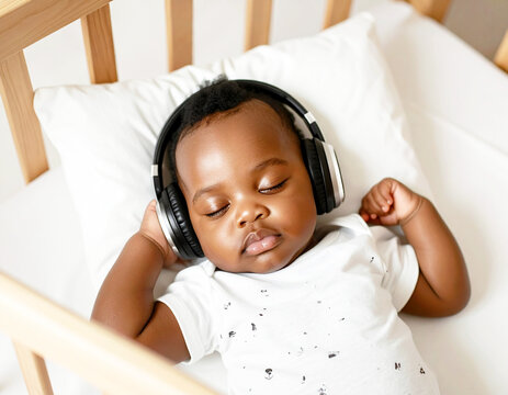 Baby sleeping peacefully, wearing headphones, closeup. AI