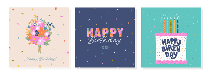 Fototapeta na wymiar Set of lovely hand drawn birthday cards with cake, flowers and decoration, universal artistic templates