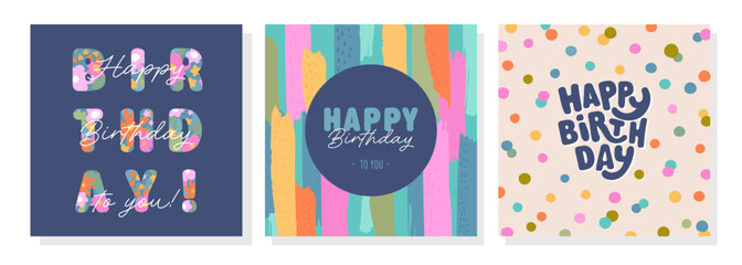 Fototapeta na wymiar Set of lovely hand drawn birthday cards with fun typography and vibrant colors, universal artistic templates
