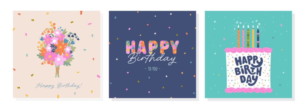 Set of lovely hand drawn birthday cards with cake, flowers and decoration, universal artistic templates