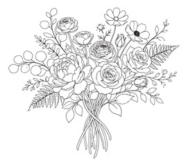 Fototapeta premium Vintage floral bouquet line art, botanical flower arrangement vector illustration, elegant hand drawn roses and peonies for wedding invitations