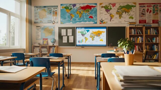 Empty Classroom with World Maps and Globes, Ready for Learning