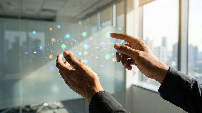 Hands touch digital network interface in office, open banking gateway concept with connected nodes and glowing data
