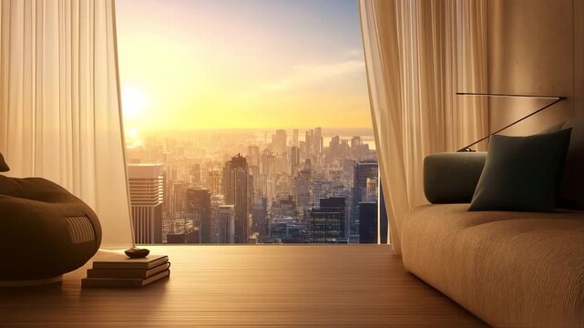 Modern Office Terrace with City Skyline View at Sunset Featuring Interior, Window, Curtains with Furniture and Sofa Elements for Chair, Books