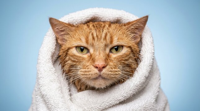 Wet orange cat wrapped in a white towel against a blue background