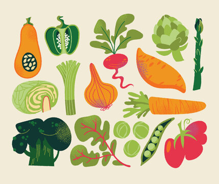 Retro organic vegetable vector illustration set. Minimalist Scandinavian style mid century modern healthy vegan food icons with textured noise grain gradient isolated on beige background