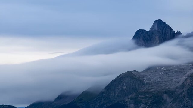 Mountains with Fog and Clouds in a Serene Landscape Featuring Alpine, Peaks, Nature with Misty and Scenic Elements for View, Nature Footage