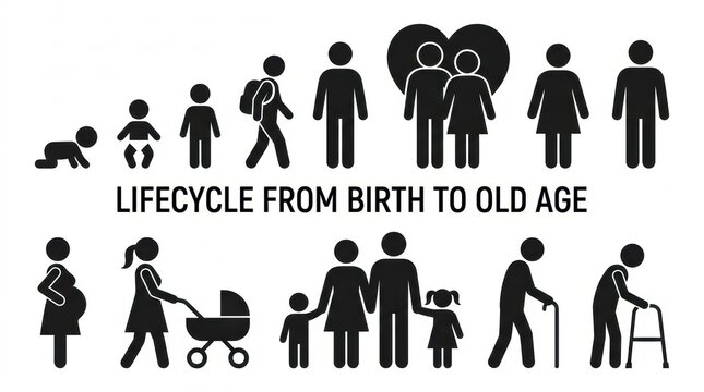 Human lifecycle stages pictogram set birth childhood family seniority and aging