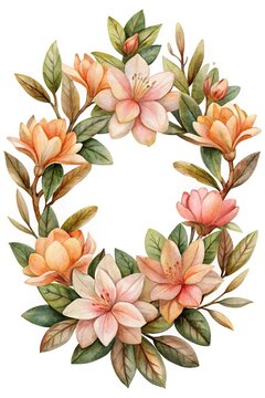 Peach colored flowers with green leaves arrangement - Soft watercolor style peach flowers with lush green leaves in a natural bouquet arrangement.