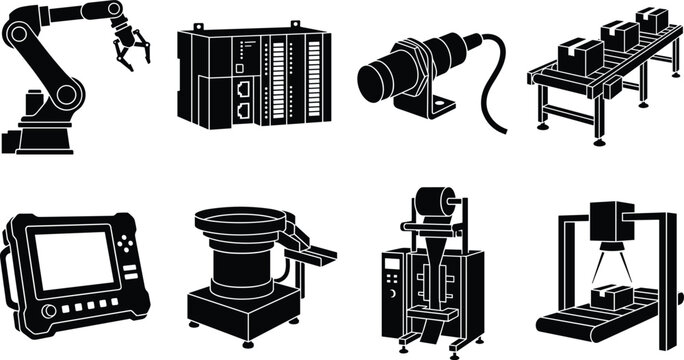 Industrial Automation and Factory Production Machinery Silhouette Vector Icon Set for Smart Manufacturing