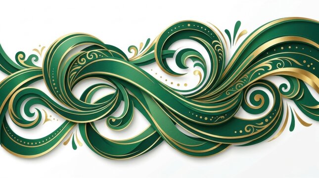Elegant green and gold swirling ribbon design for festive decorations