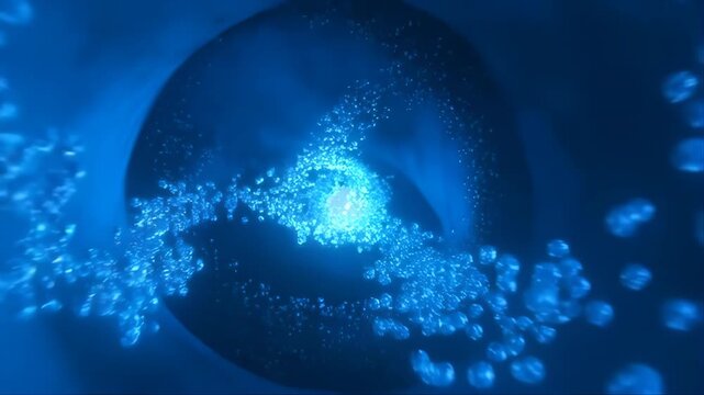 Microscopic World Showing Glowing Molecules in a Dark Blue Environment with Sparkling Particles Featuring Sparkle, Science, Biology with Chemistry