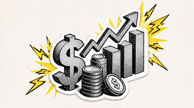 Pop Art Halftone Dollar Symbol, Coins and Upward Chart Illustration, Financial Growth, Investment Success and Business Profit in Distressed Torn Paper Collage Style