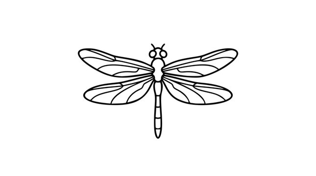 A clean black and white line art vector icon of a delicate dragonfly, wonderful for nature blog headers, entomology educational materials, or organic brand identity designs.