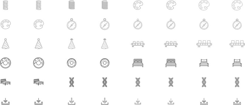 Set of 48 hand-drawn vector line icons, minimalist black outline illustrations bundle, scalable and editable stroke clipart collection for web, ui, presentations, and print